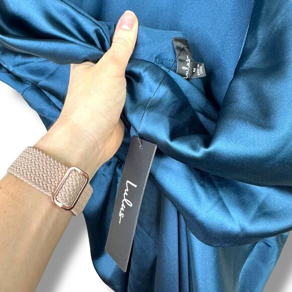 Lulus NWT Captivating Presence Dark Teal Satin Cowl Back Maxi Dress Medium - Picture 9 of 10